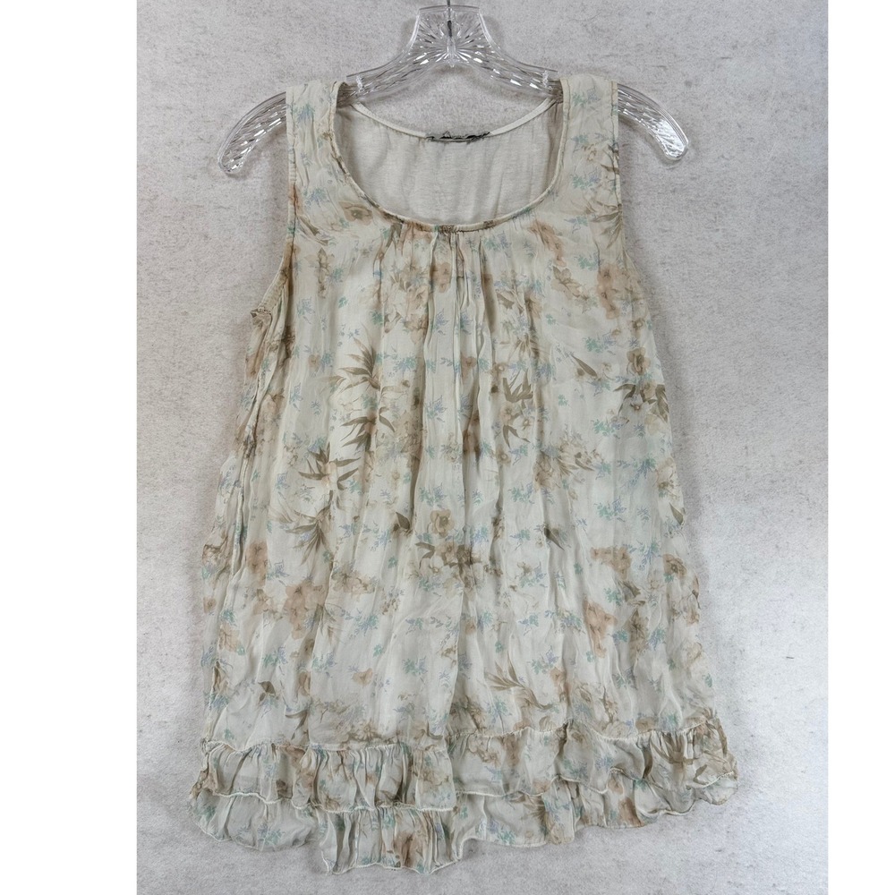 Tendenze Made in Italy 100% Silk‎ Floral Ruffle Hem Tank Top Cream Blue Medium